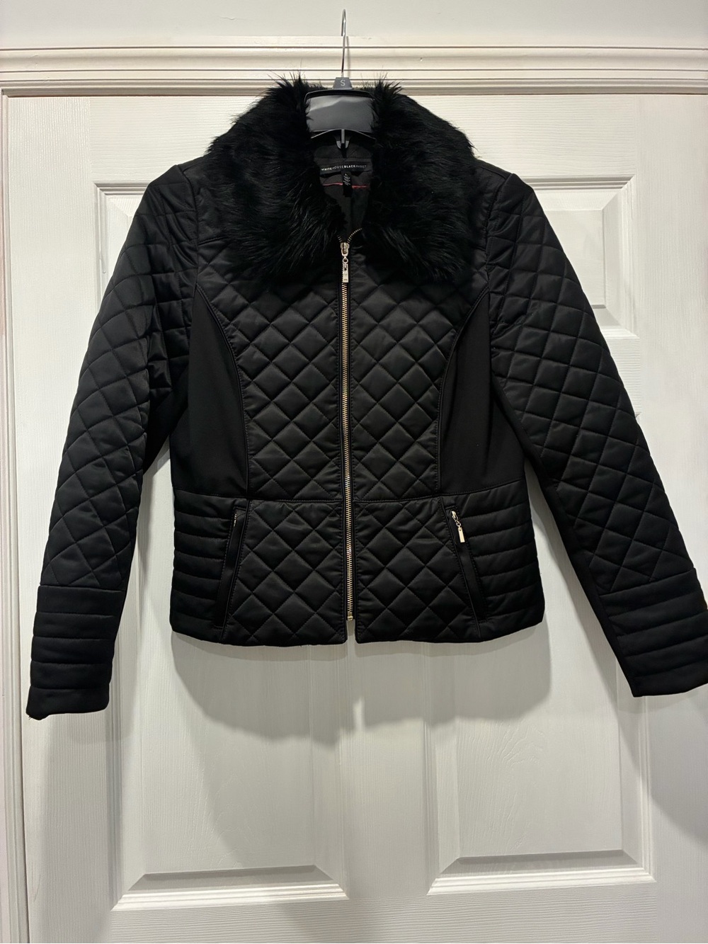 White House Black Market Black Quilted Jacket with Faux-Fur Collar